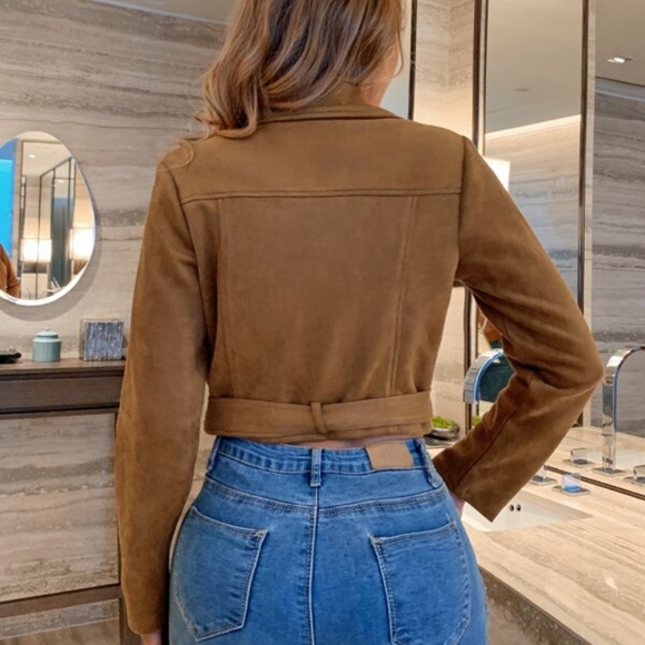 Camel Tan Vegan Suede Moto Biker Jacket Zipper - Picture 4 of 5